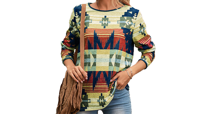 Women’s Long-Sleeve Ethnic-Style Print Pullover