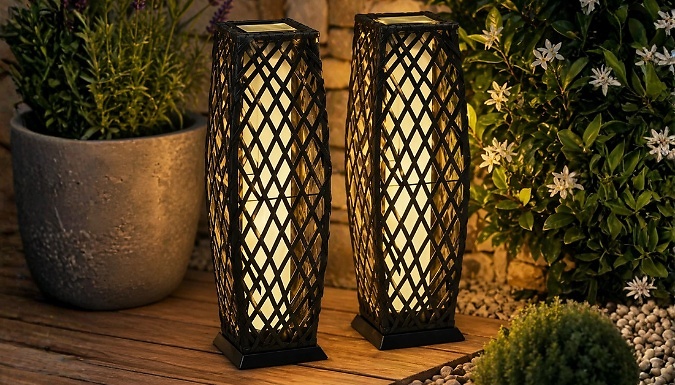Set of 2 Solar Rattan Floor Lanterns