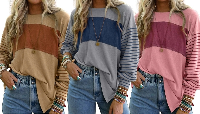 Striped Colour-Blocked Long-Sleeve Top - 6 Colours & 5 Sizes