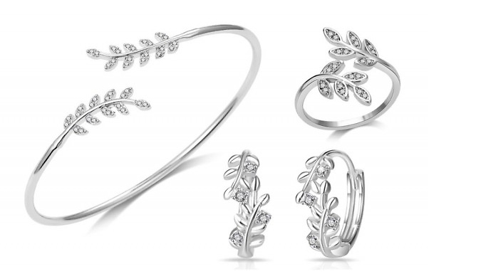 3-Piece Leaf Design Jewellery Set with Crystals From Swarovski