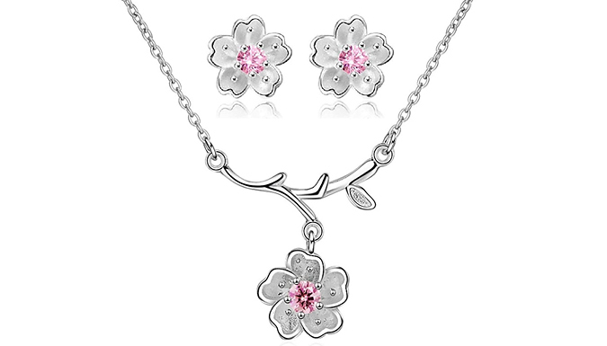 White Gold Finish Dainty Pink Daisy Jewellery Set