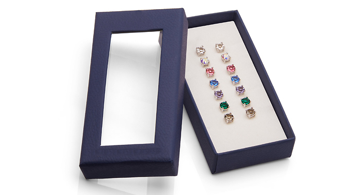 Set of 7 White Gold Plated Crystal Stud Earrings