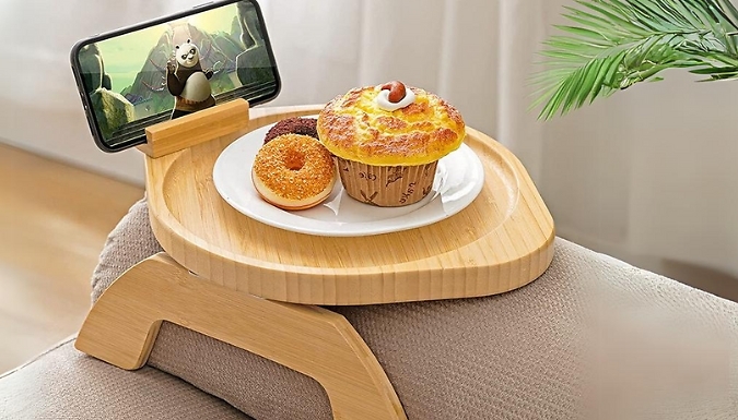 Bamboo Sofa Arm Tray Table with Rotating Mobile Holder