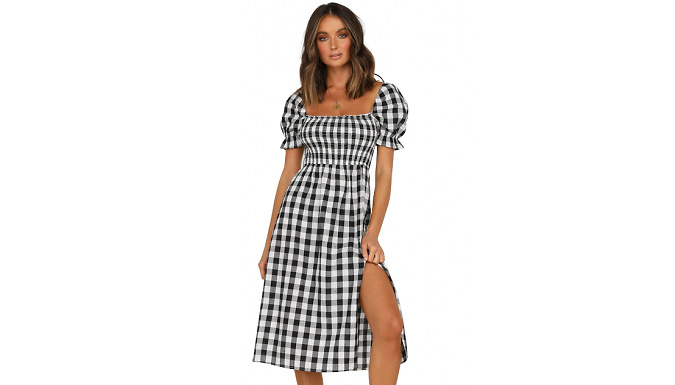 Gingham Milkmaid Short-Sleeved Midi Dress - 2 Colours & 4 Sizes