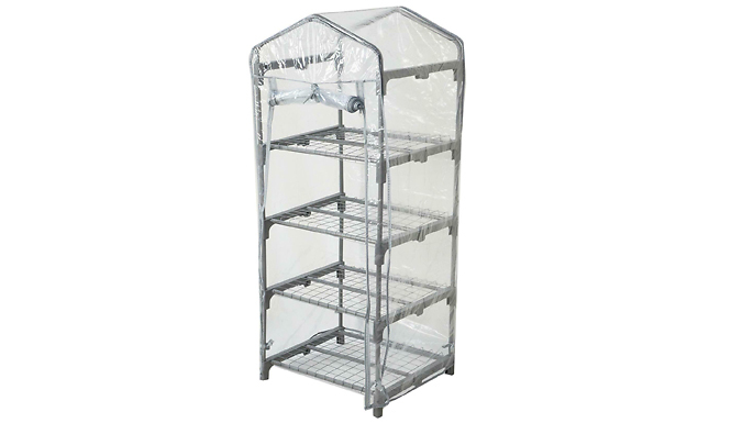 4 Tier Grey Metal Greenhouse with Plastic PVC Zip Up Cover
