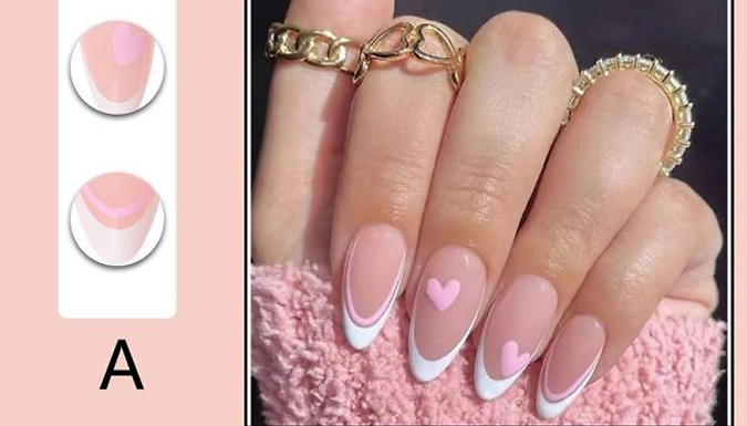 24-Piece Long Almond Heart Pattern Fake Nail Set - 5 Styles