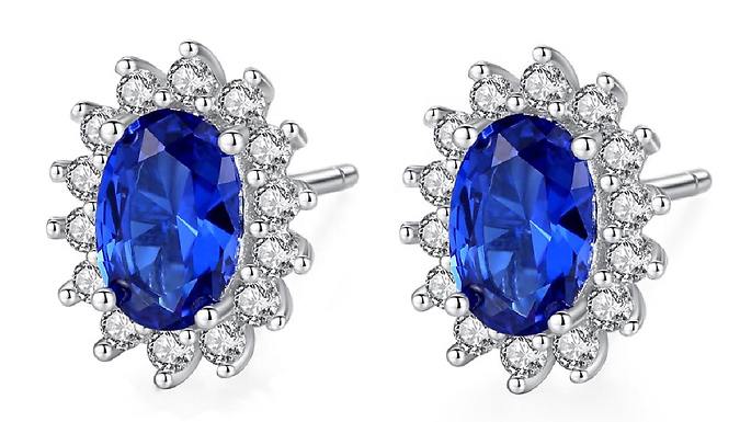 Oval-Cut Blue Gemstone & Created Diamond Stud Earrings