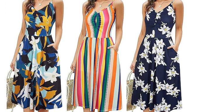 Summer Spaghetti Strap Midi Swing Dress - 5 Colours & 4 Sizes