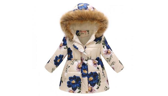 Kids' Winter Flower-Print Hooded Jacket - 6 Colours & 5 Sizes