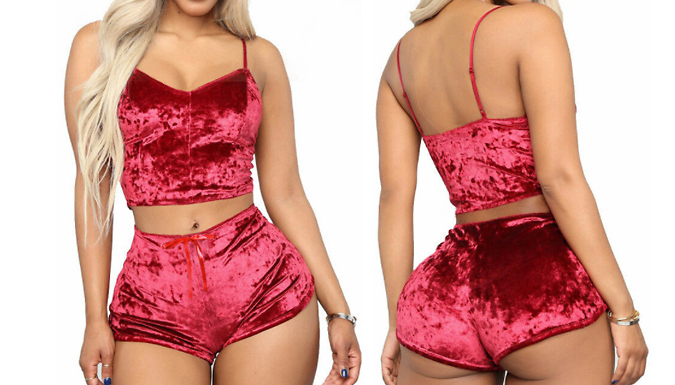 Crushed Velvet Bralette & Shorts Pyjama Set - 3 Colours & 5 Sizes from Go Groopie IE