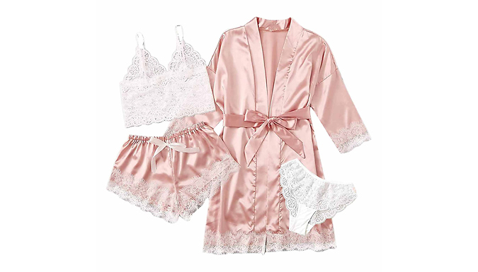 4-Piece Lace Trimmed Satin Pyjama Set - 9 Colours & 4 Sizes