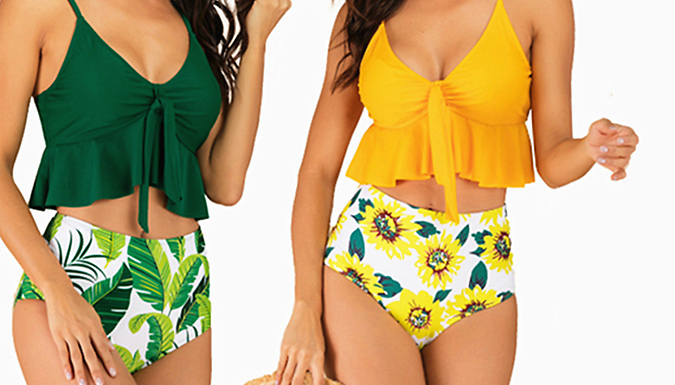 Floral Tie-Front Ruffle Tankini - 4 Colours & 4 Sizes