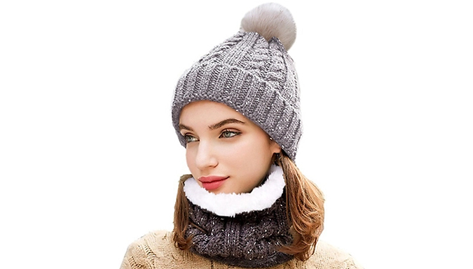 Knitted Pom Pom Beanie & Neck Warmer - 3 Colours