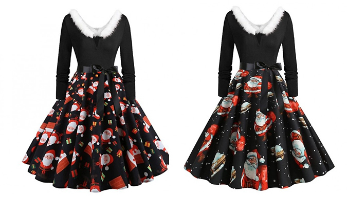 Women's Vintage-Style Printed Christmas Dress - 4 Styles & 4 Sizes at Go Groopie