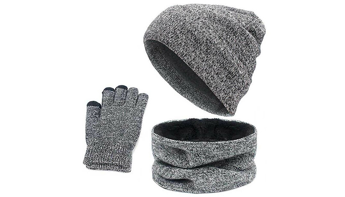 Knitted Fleece Lined Beanie, Scarf & Gloves Set - 3 Colours