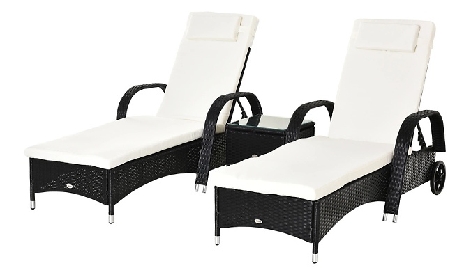 2-Seat Rattan Reclining Sun Lounger with Side Table - 3 Colours