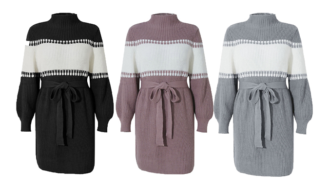 Knitted Lantern-Sleeve Turtleneck Dress - 4 Sizes & 3 Colours at Go Groopie IE