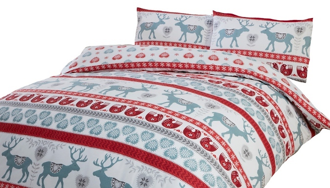 Scandi Red Christmas Flannelette Brushed Cotton Duvet Cover Set - 4 Sizes