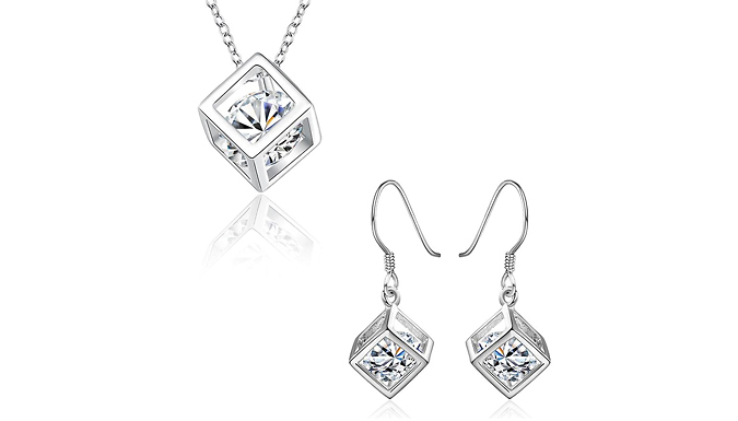 Crystal Cube Square Pendant Necklace & Earrings Set - 2 Colours
