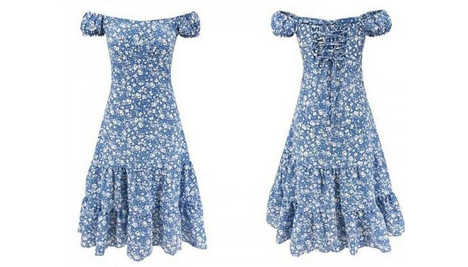 Off-Shoulder Print Corset Midi Dress - 2 Colours & 4 Sizes at Go Groopie