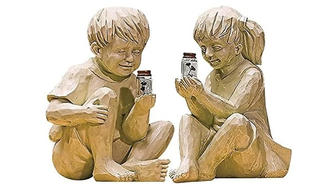 Boy & Girl Solar Resin Garden Sculptures