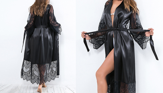 Full-Length Lace Detail Silky Dressing Gown - 3 Colours & 5 Sizes