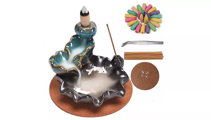 Ceramic Waterfall Incense Burner with 50 Backflow Incense Cones & 30 Incense Sticks