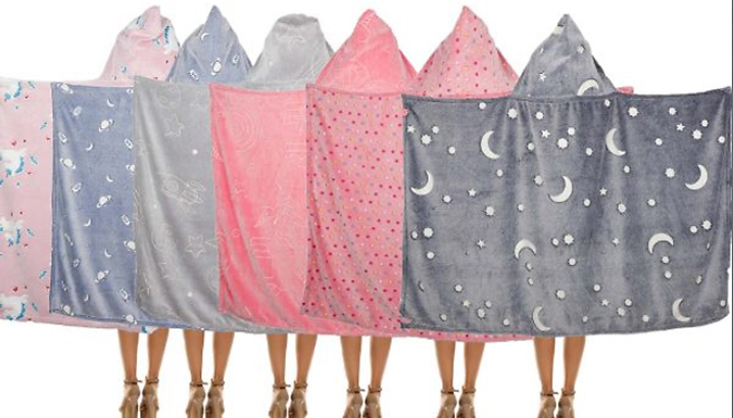 Glow-in-the-Dark Plush Hooded Blanket - 7 Styles & 2 Sizes