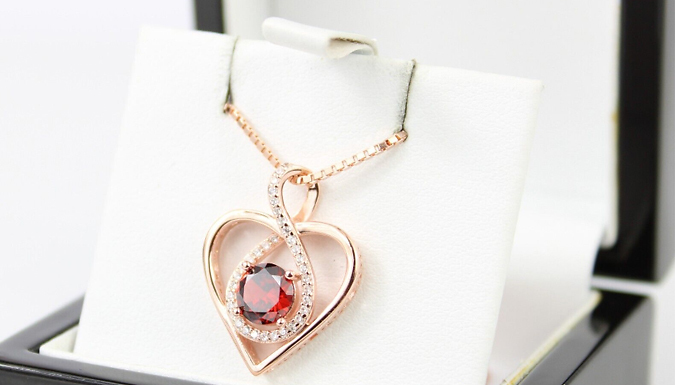 Rose Gold Finish Gemstone Heart Necklace & Jewellery Box - 4 Styles