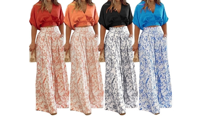 V-Neck Shirt & Wide-Leg Printed Trouser Set - 4 Colours & 6 Sizes!