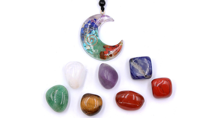 Chakra Moon Necklace with Seven Synthetic Chakra Stones Gift Set