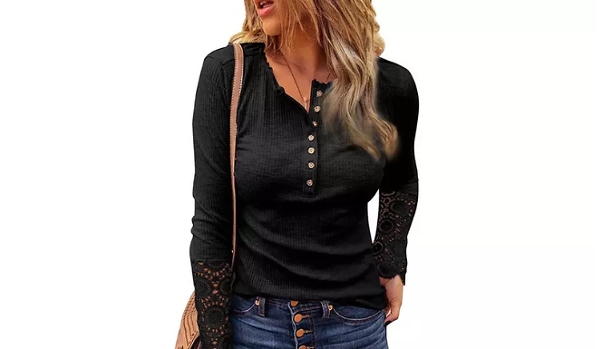 Women’s Long-Sleeved Top with Lace Detail - 6 Colours, 5 Sizes