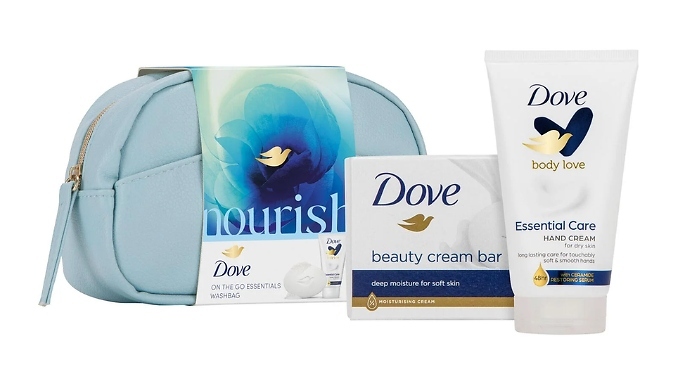 1, 2, 3 or 4-Pack Dove Nourish Beauty Bar & Handcream Gift Set with Wash Bag