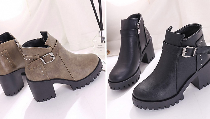 Chunky Heel Buckle Design Boots - 2 Colours