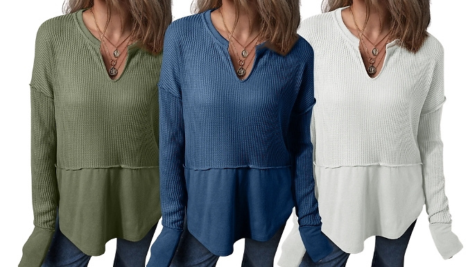 Waffle Knit Long Sleeve Top - 7 Colours & 5 Sizes