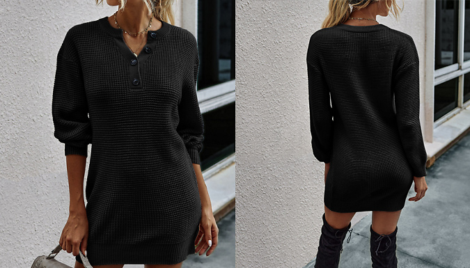 Waffle Knit V-Neck Jumper Dress - 5 Colours & 4 Sizes