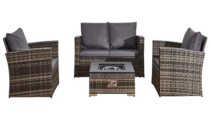 4-Piece Rattan Garden Sofa Set with Fire Pit Table