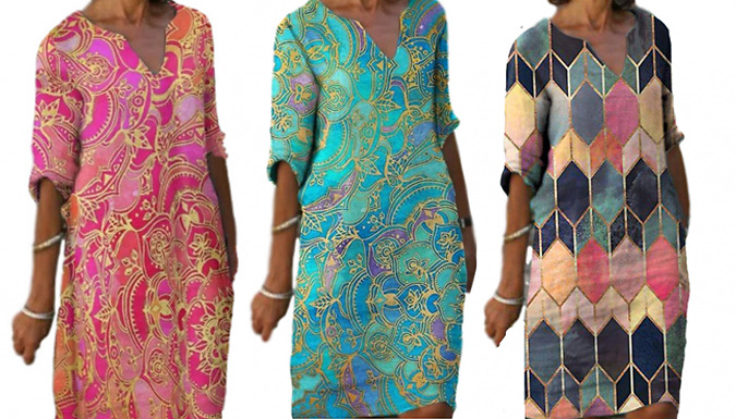 V-Neck Multicolour Printed Dress - 5 Colours & 5 Sizes