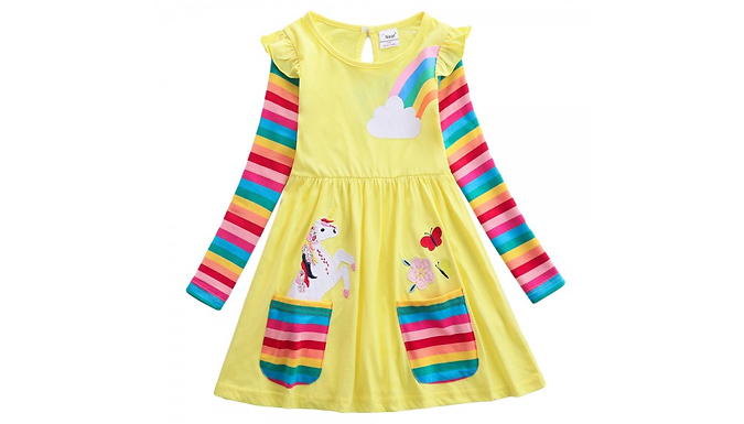 Kids Rainbow Unicorn Print Dress - 5 Colours & 5 Sizes