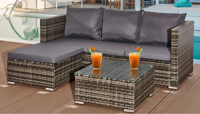 L-Shaped Rattan Sofa & Table Set