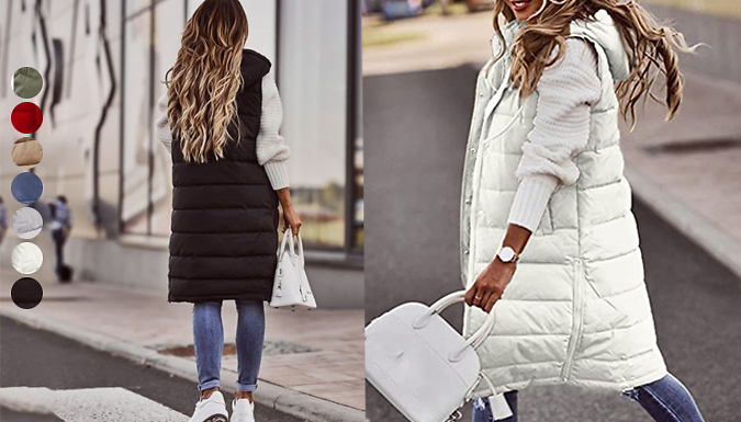 Women’s Long-Hooded Gilets - 7 Sizes & 6 Colours
