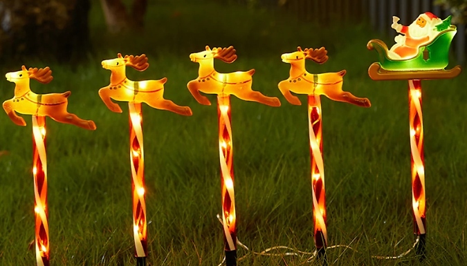 Santa Claus & Reindeer Solar Powered Stake Lights - 5 Piece Set!