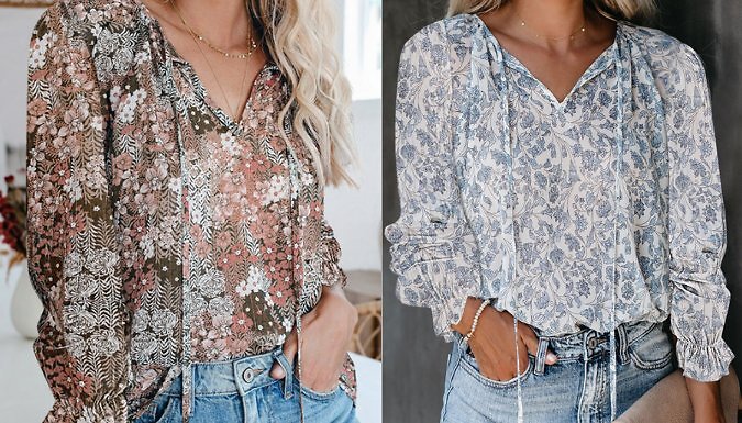 Women's V-Neck Floral Chiffon Blouse - 5 Colours, 5 Sizes