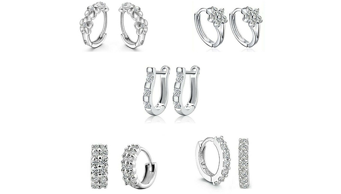 5-Pairs of Crystal Sterling Silver Huggie Hoop Earrings