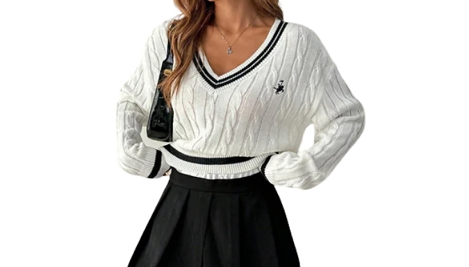 V-Neck Colour-Blocked Cable Knit Sweater - 3 Colours, 4 Sizes!