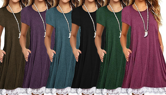 Lace Trim Casual T-Shirt Swing Dress – 6 Colours & 4 Sizes Deal Price £9.99