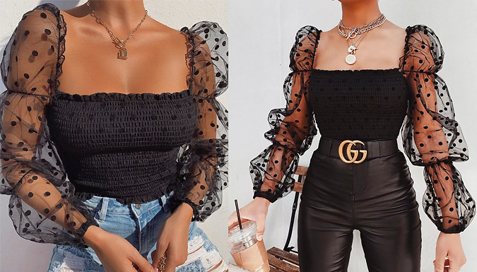 Dotted Detail Mesh Sleeve Shirred Crop Top - 3 Colours & 4 Sizes from Go Groopie IE