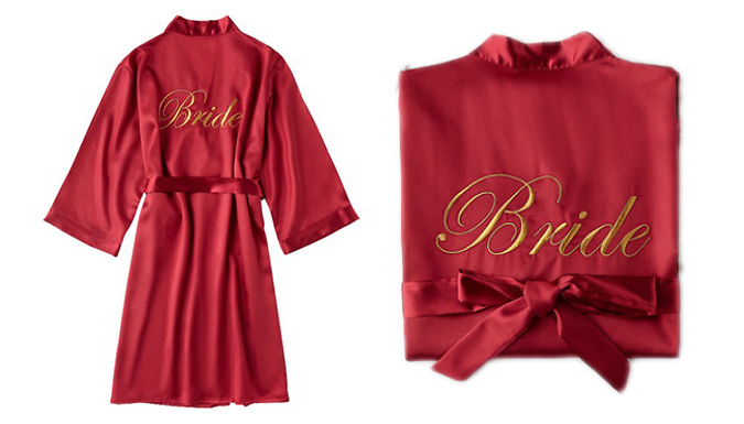Bride or Bridesmaid Faux Silk Embroidered Dressing Gown - 5 Colours & 5 Sizes
