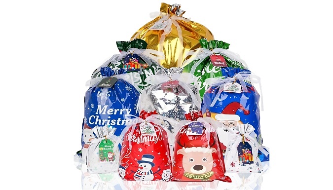 30-Pack of Christmas Drawstring Gift Bags - with 30 Gift Tags!