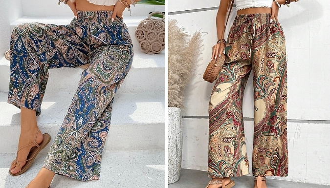 Boho-Style Elasticated-Waist Wide-Leg Trousers - 5 Colours, 4 Sizes!